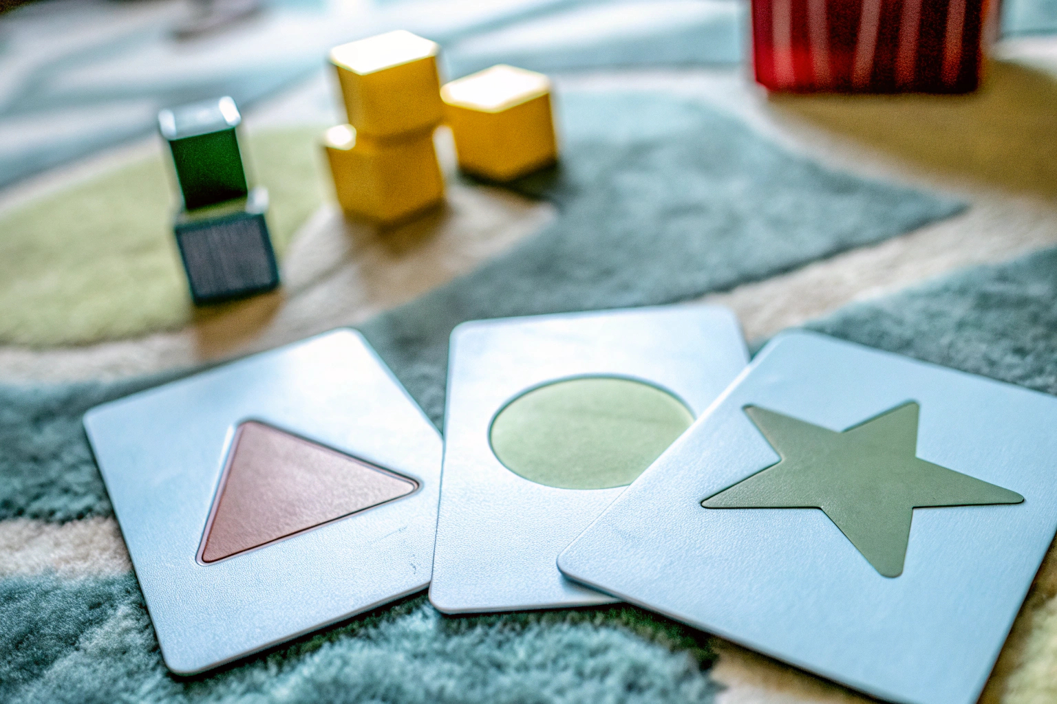 Kinder spielen mit sprechenden Lernkarten, um Farben und Formen zu lernen. Kinder lernen Farben und Formen mit Karten
