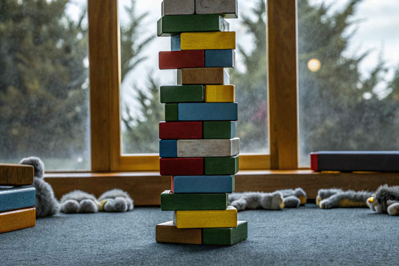 Kinder spielen zusammen das Tetra Tower Spiel und stapeln die Bausteine. Kinder spielen Tetra Tower Spiel