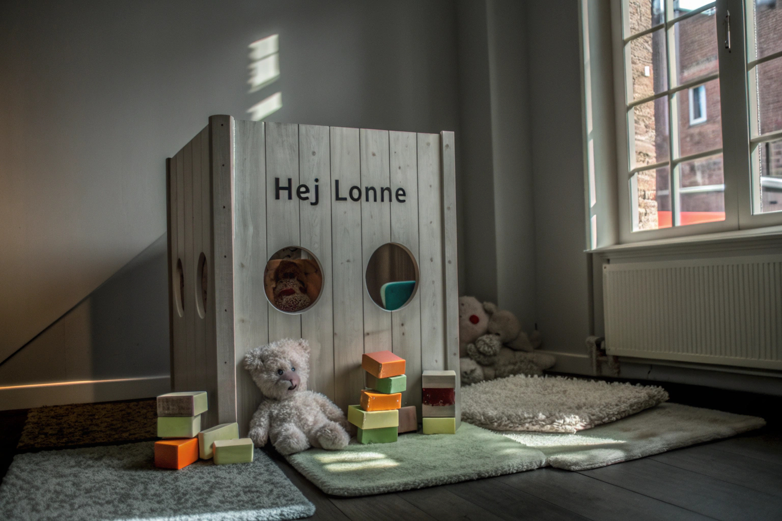 Kinder spielen zusammen mit dem HEJ LØNNE Holz Steckhaus und fördern dabei ihre sozialen Fähigkeiten. Kinder spielen mit HEJ LØNNE Holz Steckhaus
