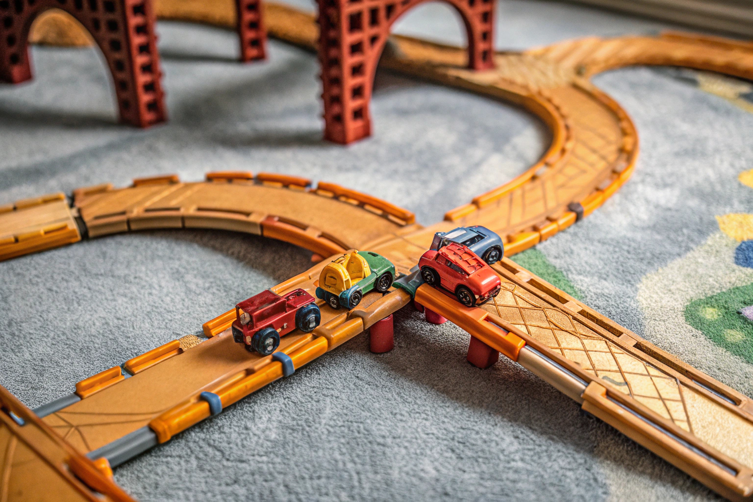 Kinder spielen zusammen mit einem Rennbahn-Set. Kinder und Rennbahn-Set