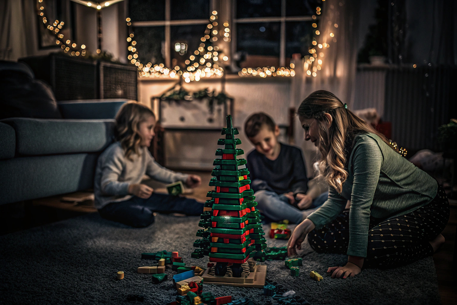 Kinder und Eltern bauen gemeinsam an einem LEGO-Weihnachtsbaum LEGO Weihnachtsbaum Bau
