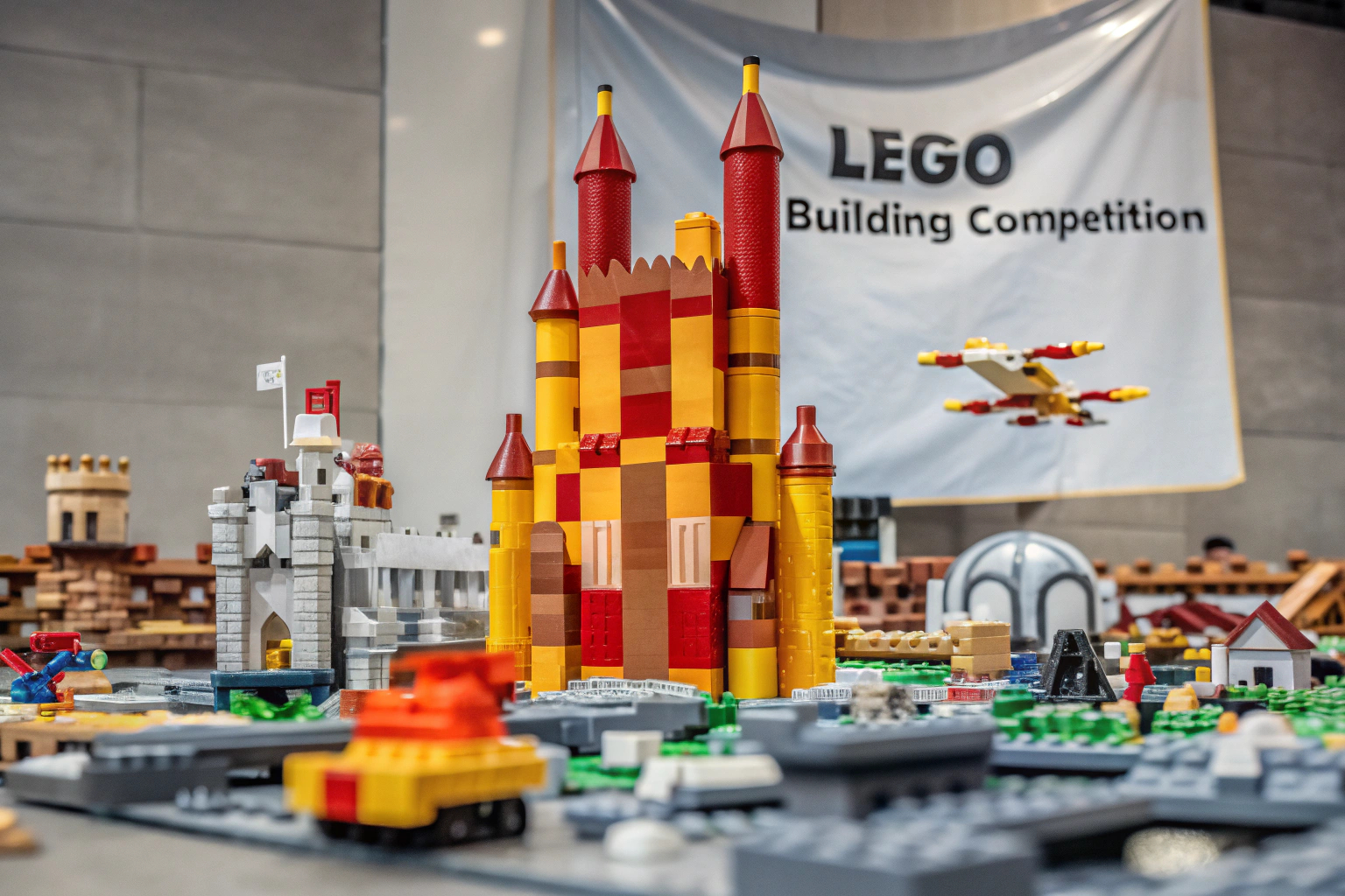 Kinder und Erwachsene beim gemeinsamen LEGO Bauen in einem Wettbewerb. LEGO Bauwettbewerb für alle Altersgruppen