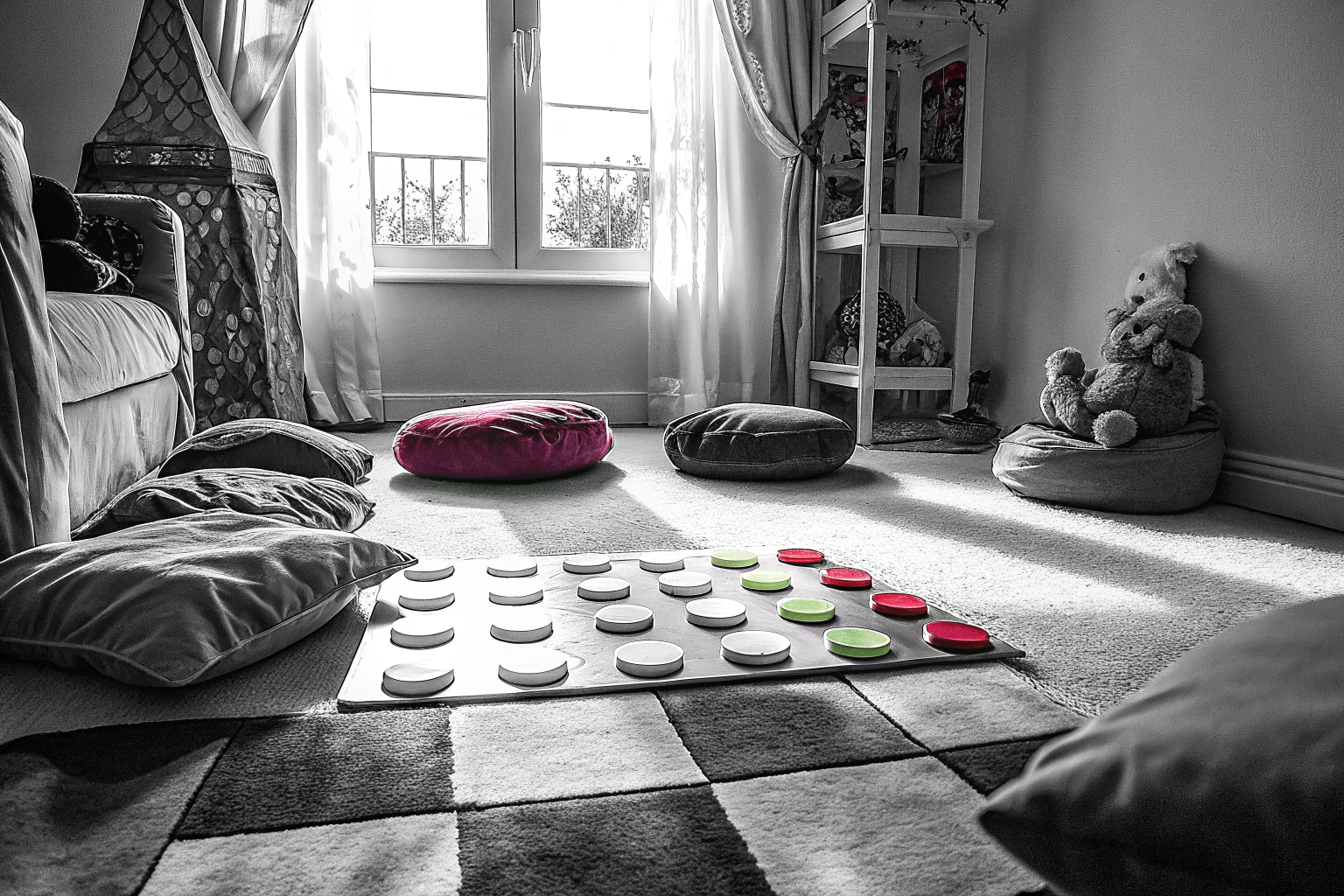 Kinder und Erwachsene spielen gemeinsam das 'Der Boden ist Lava' Spiel von Goliath Toys in einem Wohnzimmer. Familienspaß mit dem Lava-Spiel