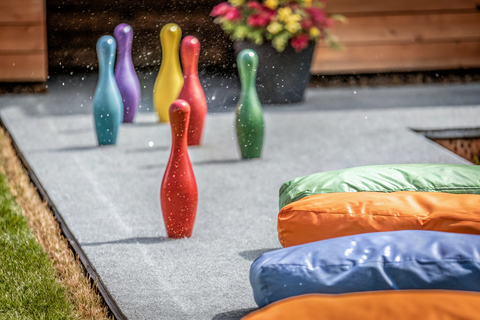Kinder werfen bunte Sandsäcke auf leuchtende Kegel im Garten. Kinder spielen Wurfspiele im Garten