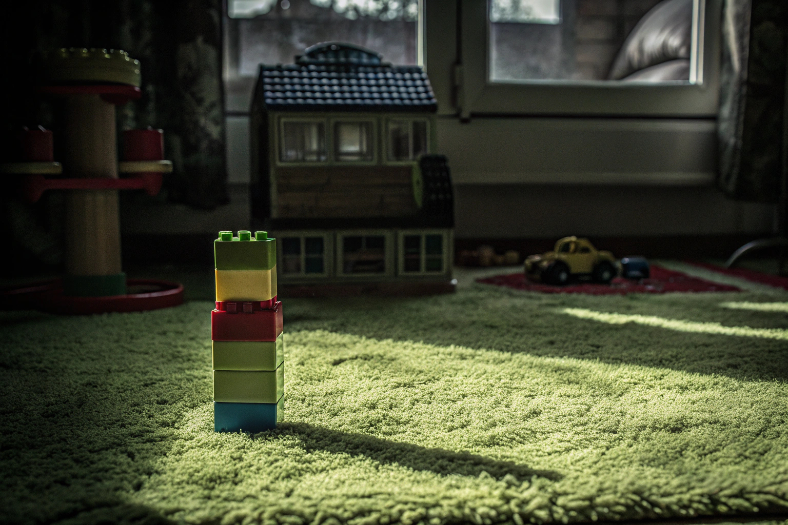 Kleinkind beim Spielen mit LEGO Duplo Steinen, umgeben von verschiedenen Bauprojekten. Kind spielt mit LEGO Duplo