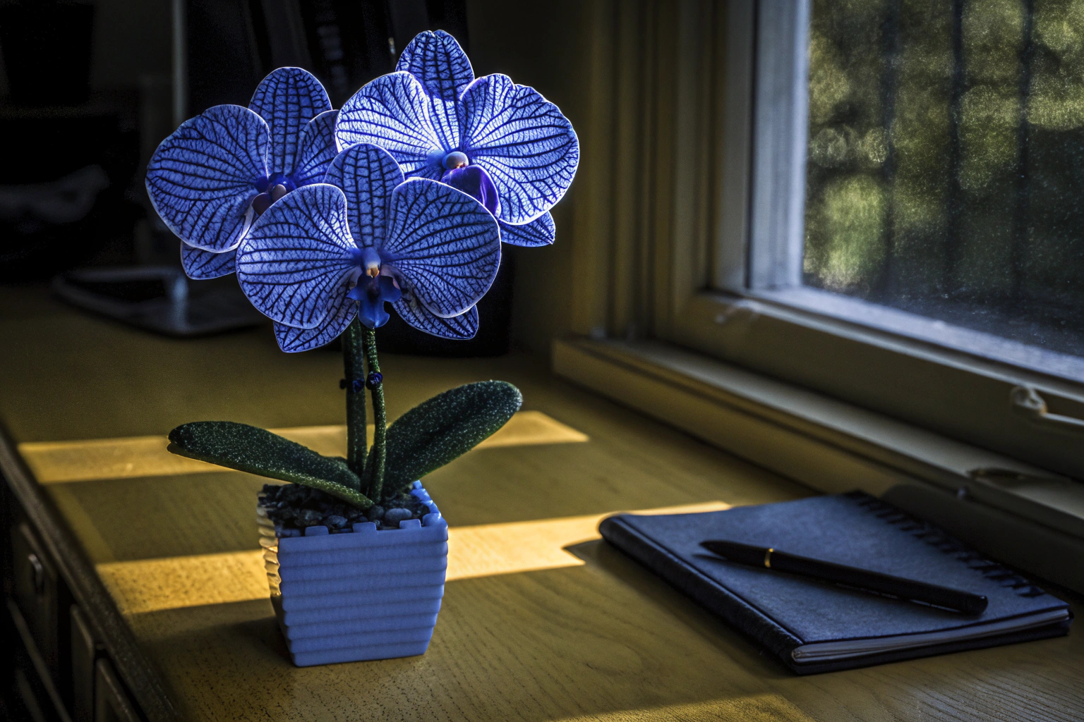 LEGO Botanicals Orchidee als Zimmerdekoration auf einem modernen Schreibtisch. LEGO Botanicals Orchidee Zimmerdekoration