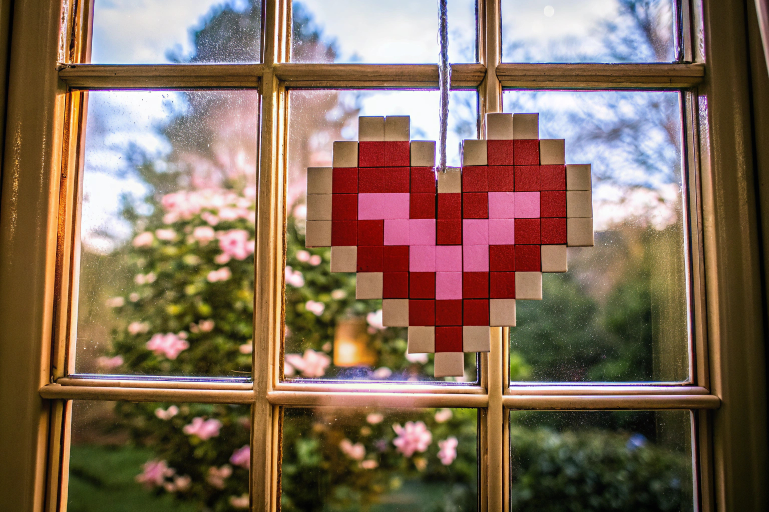 LEGO Herz-Deko Set vor einem Fenster aufgehängt, ideal als Valentinstagsgeschenk. LEGO Herz-Deko Set aufgehängt