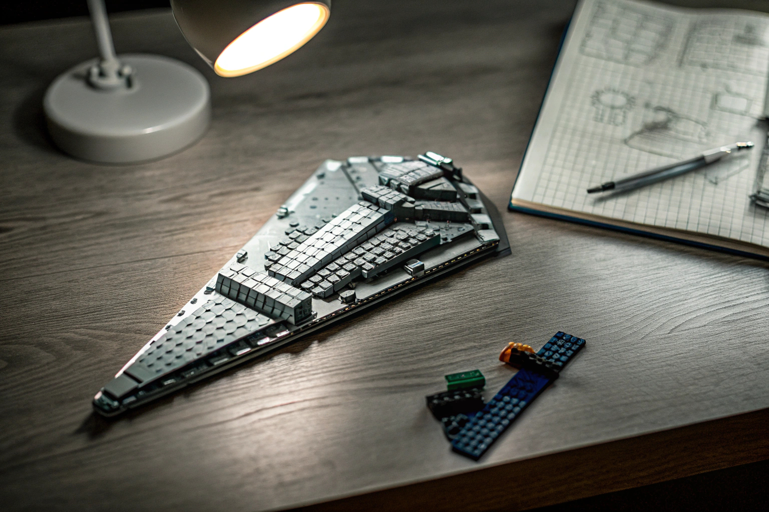 LEGO MOC eines futuristischen Raumschiffs auf einem Schreibtisch LEGO MOC Raumschiff