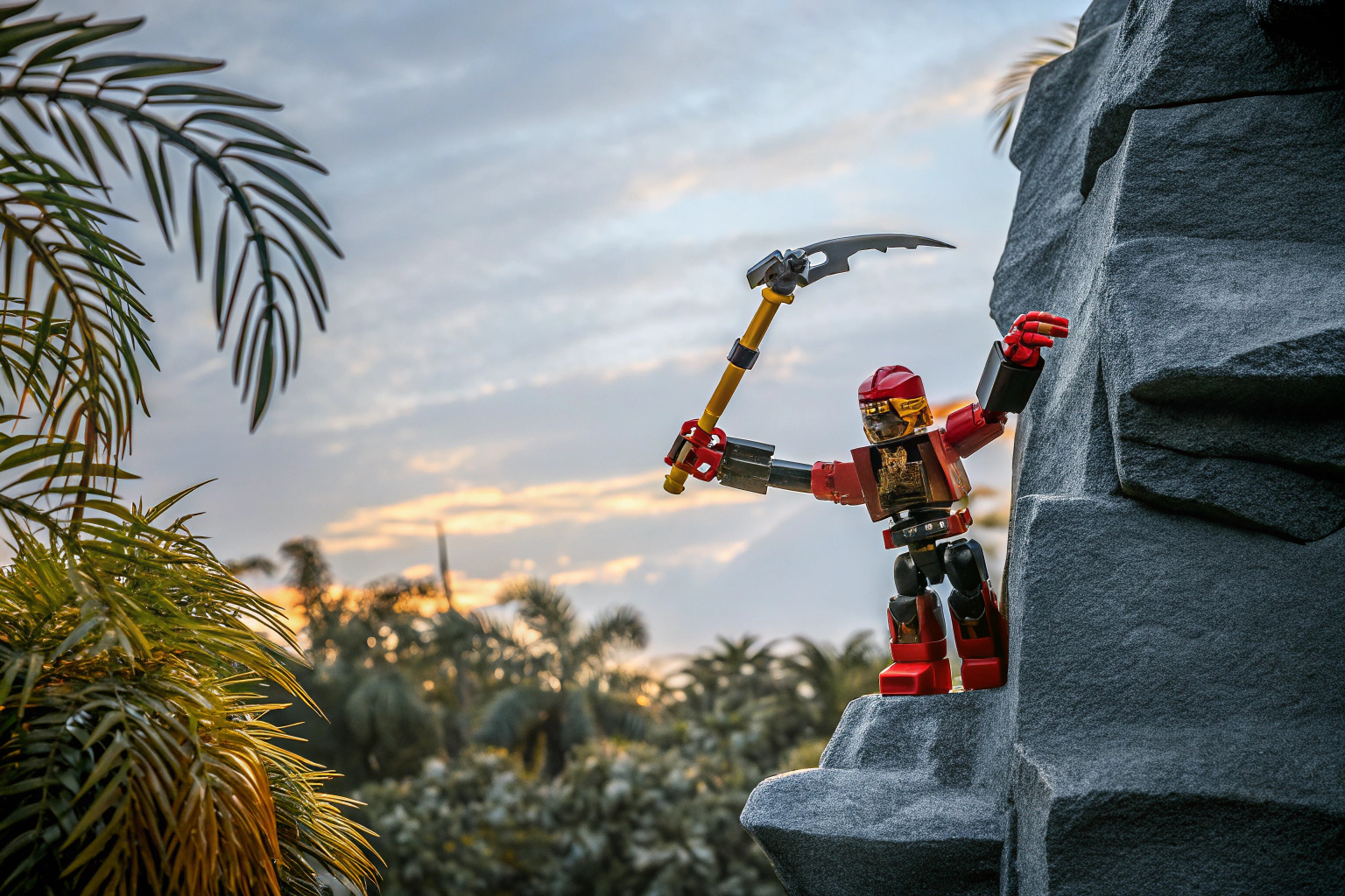 LEGO NINJAGO Kais Ninja-Kletter-Mech im Einsatz, umgeben von einer spannenden Kulisse. LEGO NINJAGO Kletter-Mech