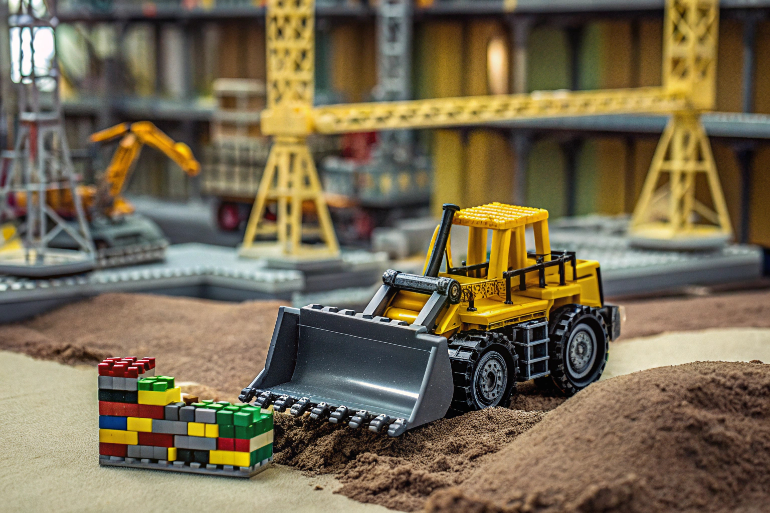 LEGO Technic Schwerlast Bulldozer im Einsatz auf einer Spielzeug-Baustelle LEGO Technic Schwerlast Bulldozer
