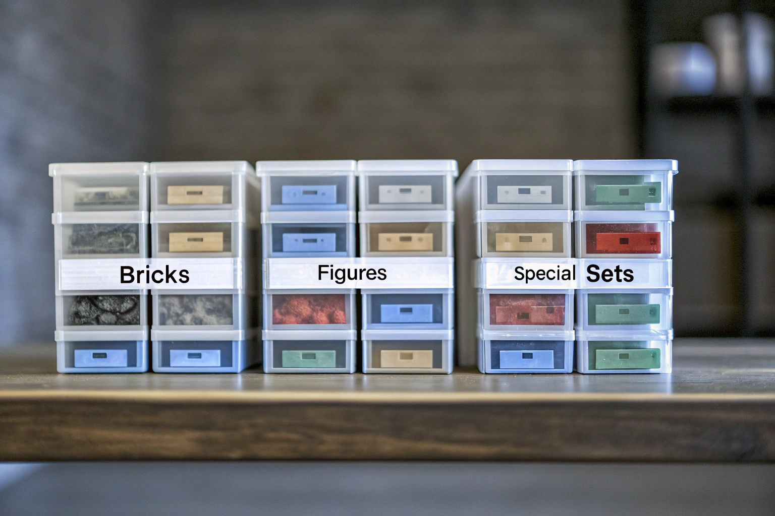 Mehrere Lego-Aufbewahrungsboxen, gestapelt und beschriftet, um verschiedene Steine und Sets organisiert zu halten. Gestapelte Lego-Aufbewahrungsboxen