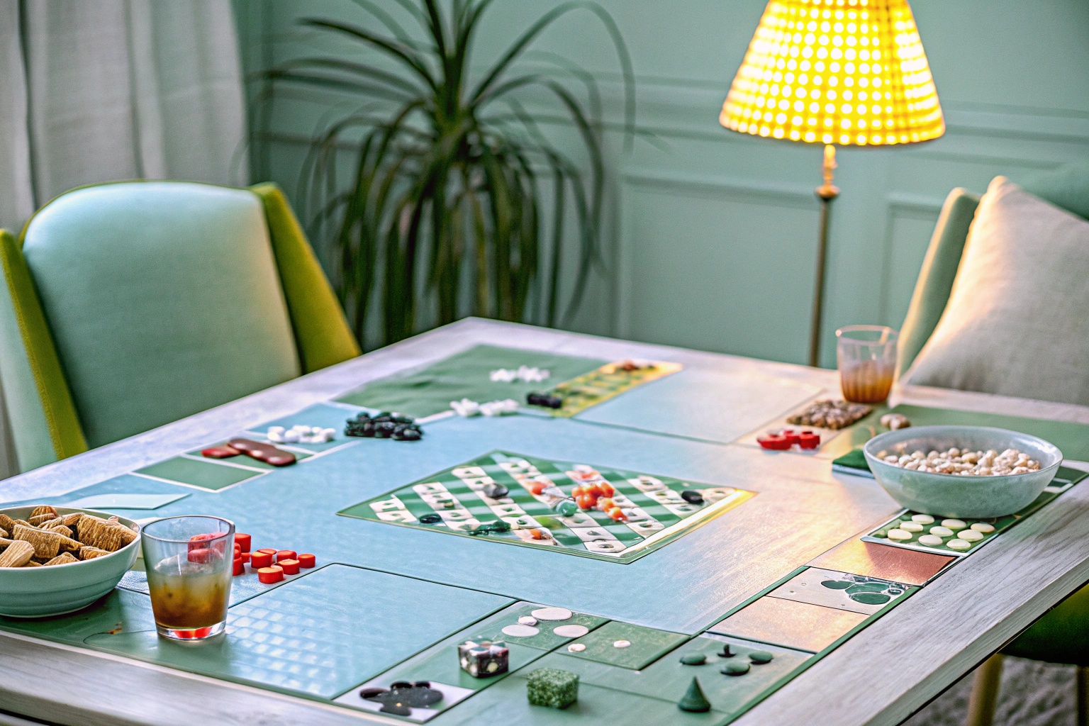 Menschen beim gemeinsamen Spielen von verschiedenen Brettspielen an einem großen Tisch. Verschiedene Brettspiele spielen