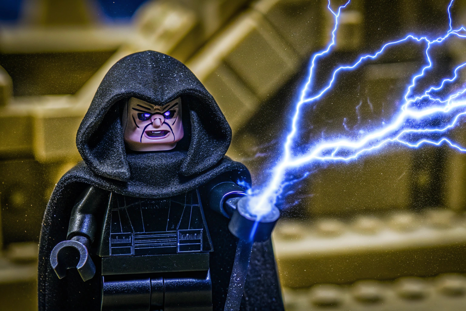 Nahaufnahme der LEGO Star Wars Minifigur Emperor Palpatine mit Kraftbolzen. LEGO Star Wars Emperor Palpatine Minifigur
