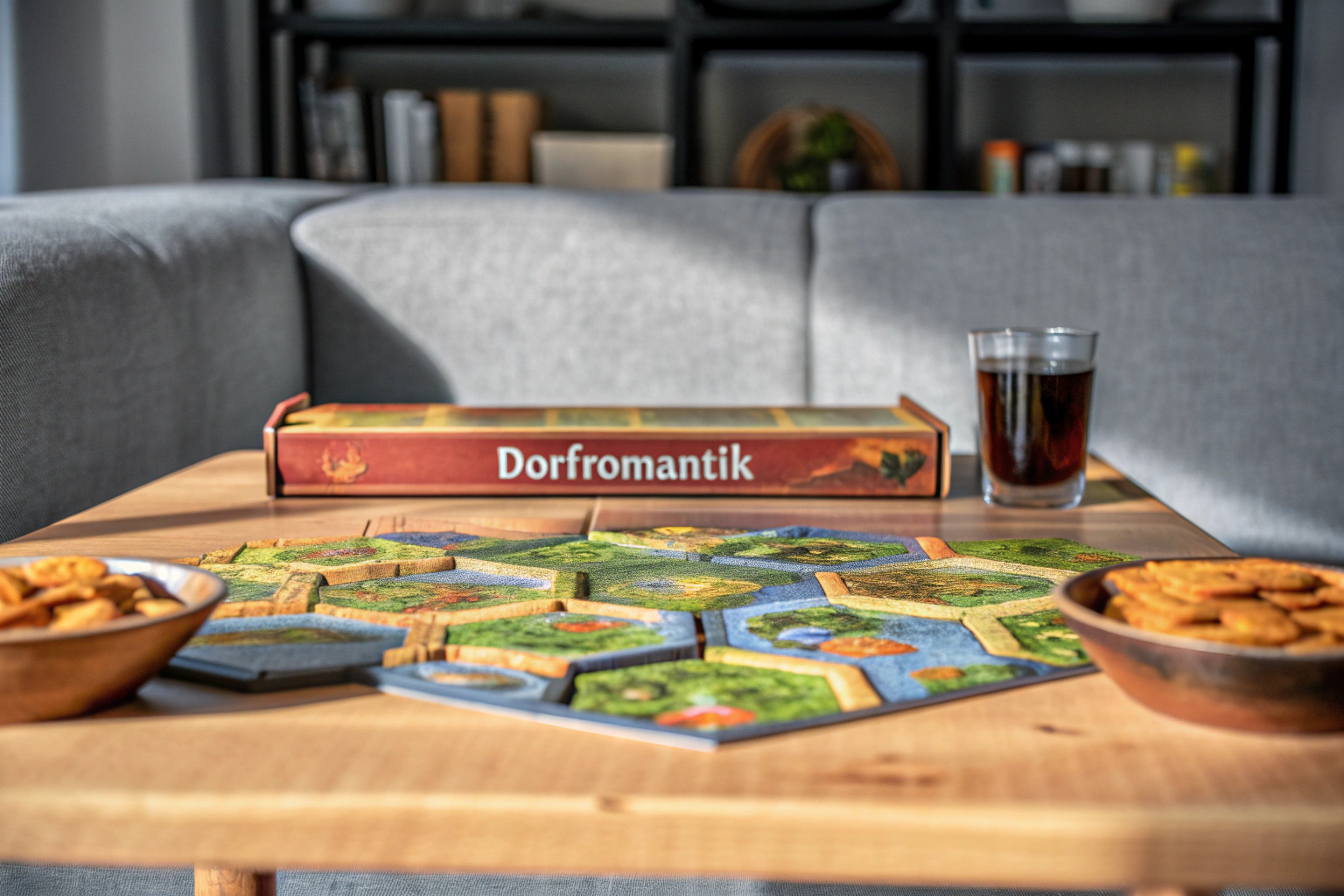 Spieler, die gemeinsam an einem Tisch Dorfromantik spielen, umgeben von einer gemütlichen Atmosphäre. Kooperatives Brettspiel Dorfromantik