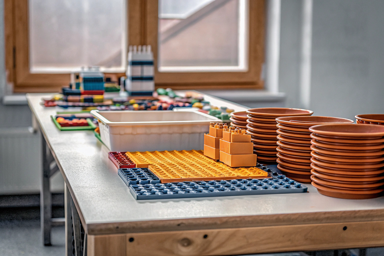 Teilnehmer eines Workshops, die gemeinsam mit LEGO Serious Play Kits an einem Tisch sitzen und Ideen entwickeln. LEGO Serious Play Workshop