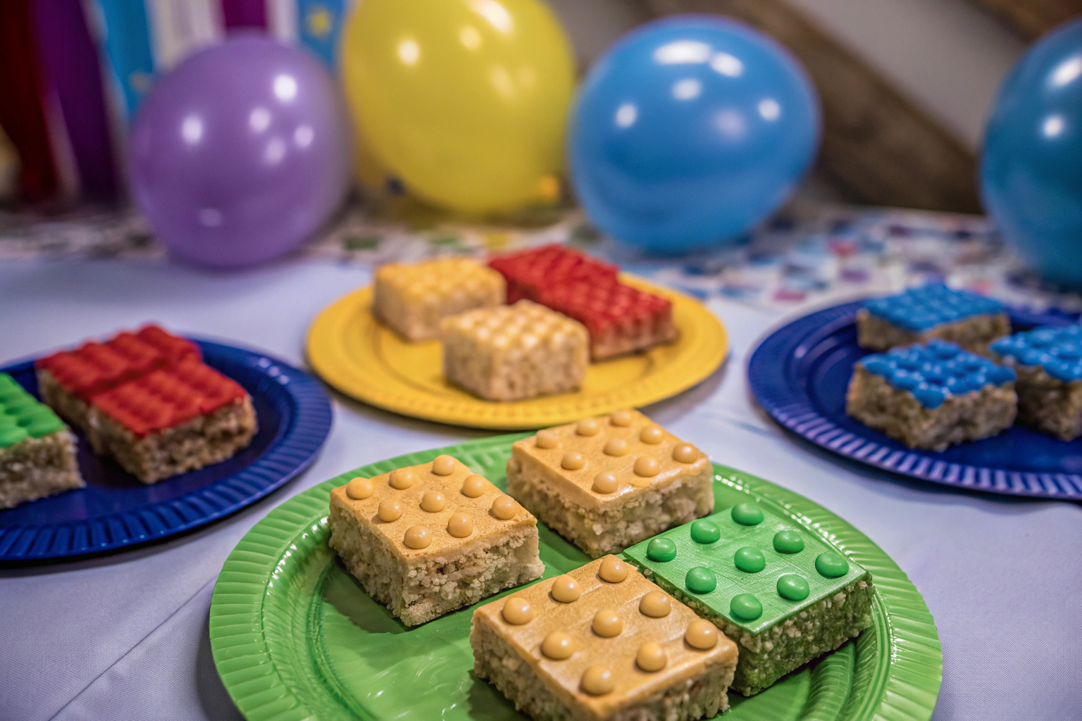 Verschiedene bunte Snacks, die wie LEGO-Steine geformt sind. LEGO-Snacks