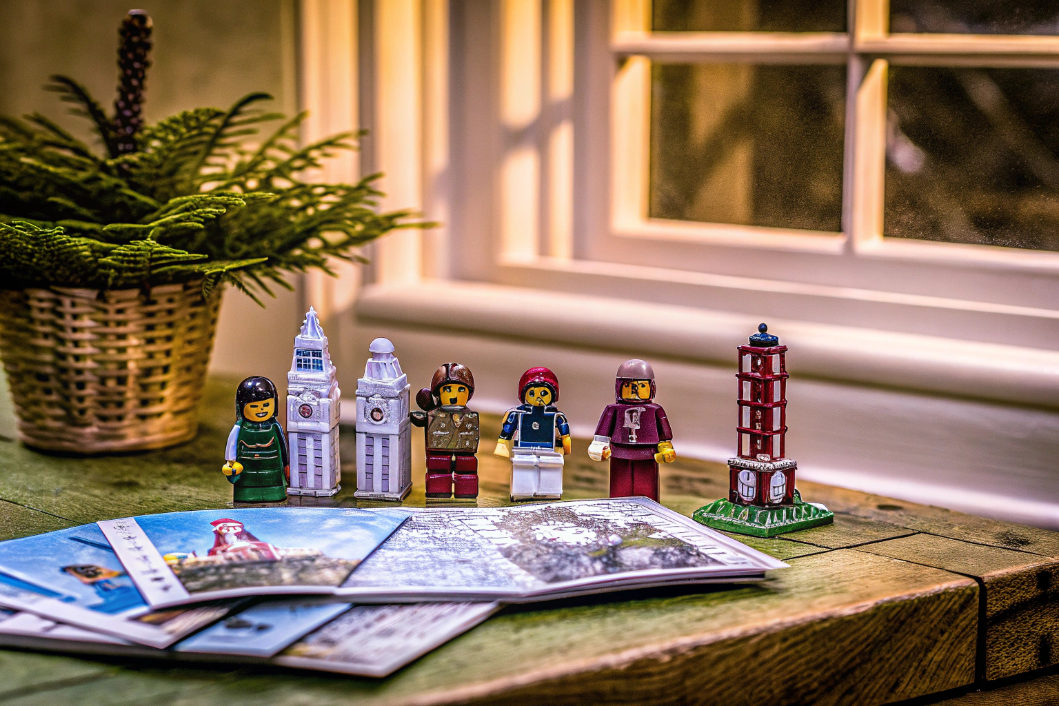 Verschiedene LEGO-Fanartikel auf einem Tisch ausgestellt LEGO Fanartikel