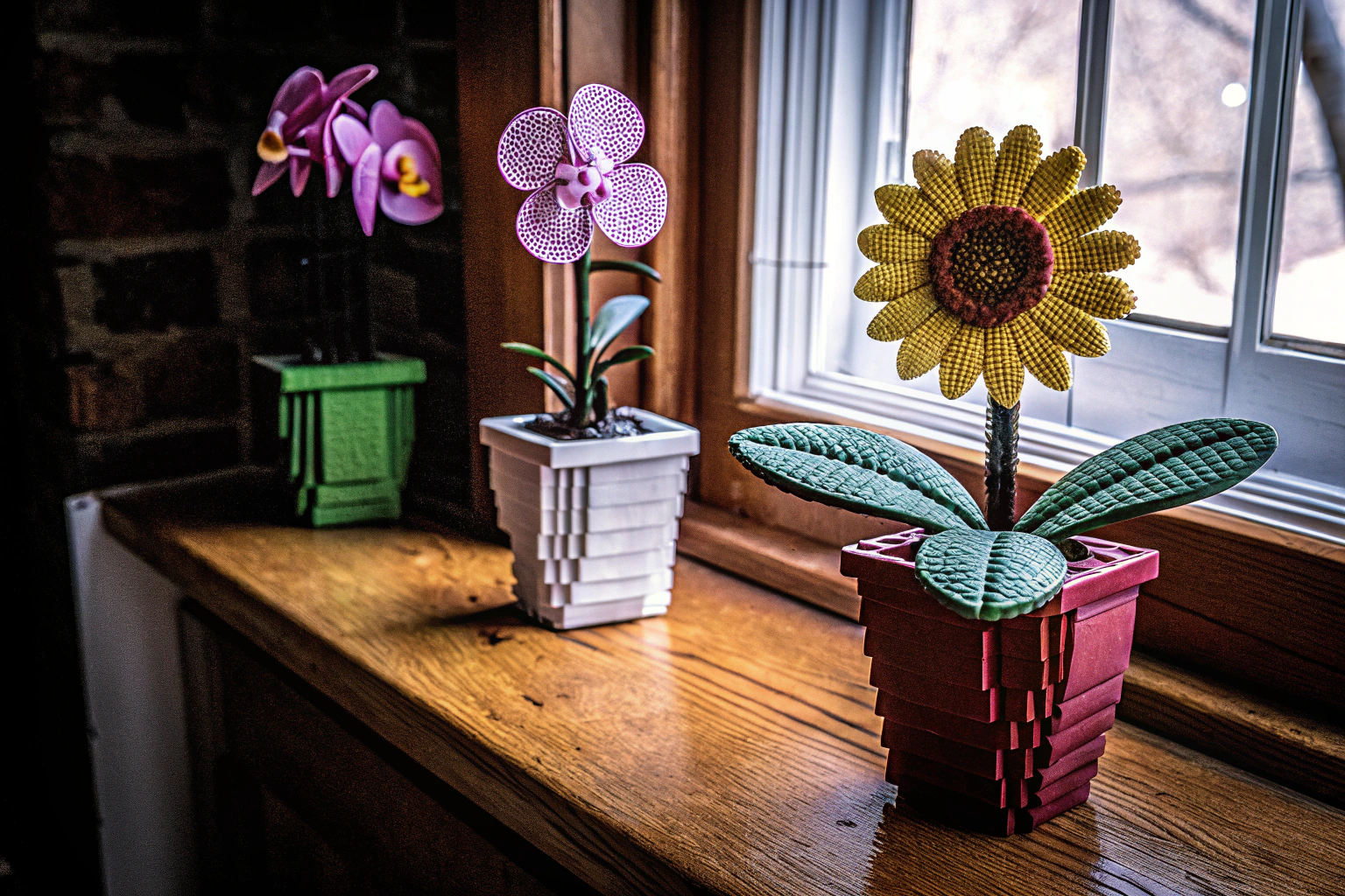 Verschiedene LEGO Pflanzen aus der Botanicals Kollektion auf einem Tisch arrangiert. LEGO Botanicals Pflanzen Set