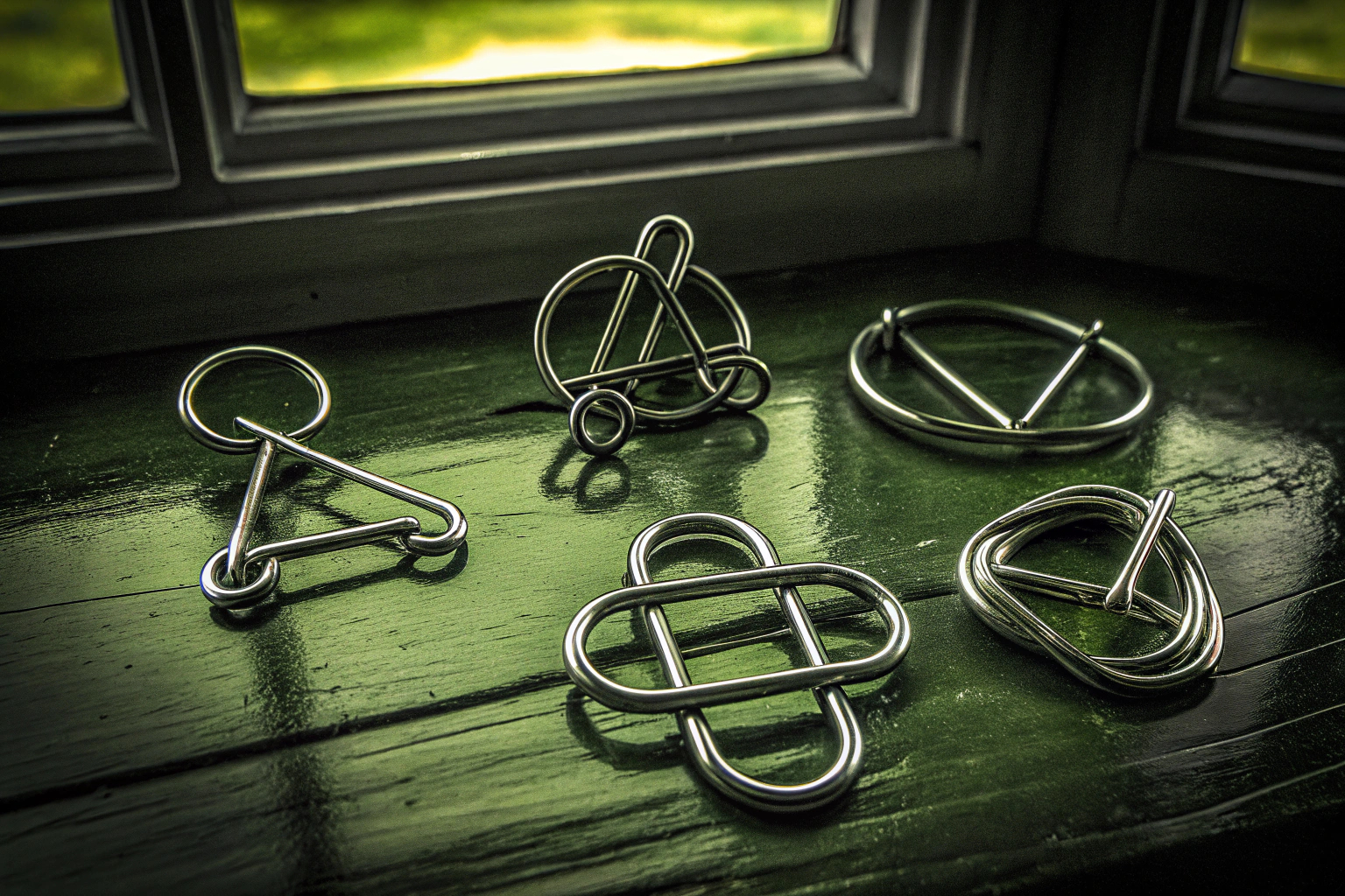 Verschiedene Metallpuzzles aus dem Surplex Knobelspiele Kit Verschiedene Metallpuzzles