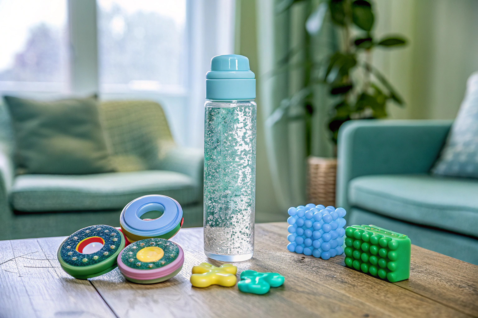Verschiedene sensorische Spielzeuge für autistische Kinder auf einem Tisch ausgebreitet. Sensorische Spielzeuge für autistische Kinder
