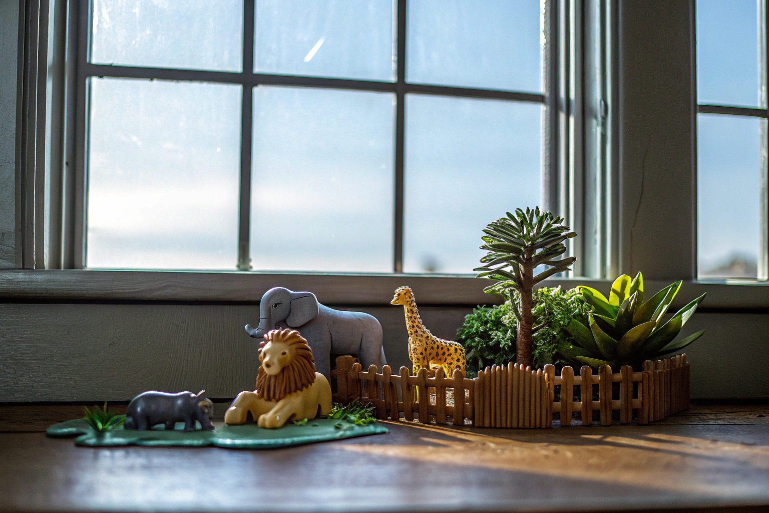 Verschiedene Wildtierfiguren, die in einem Mini-Zoo angeordnet sind. Wildtierfiguren Sammlung