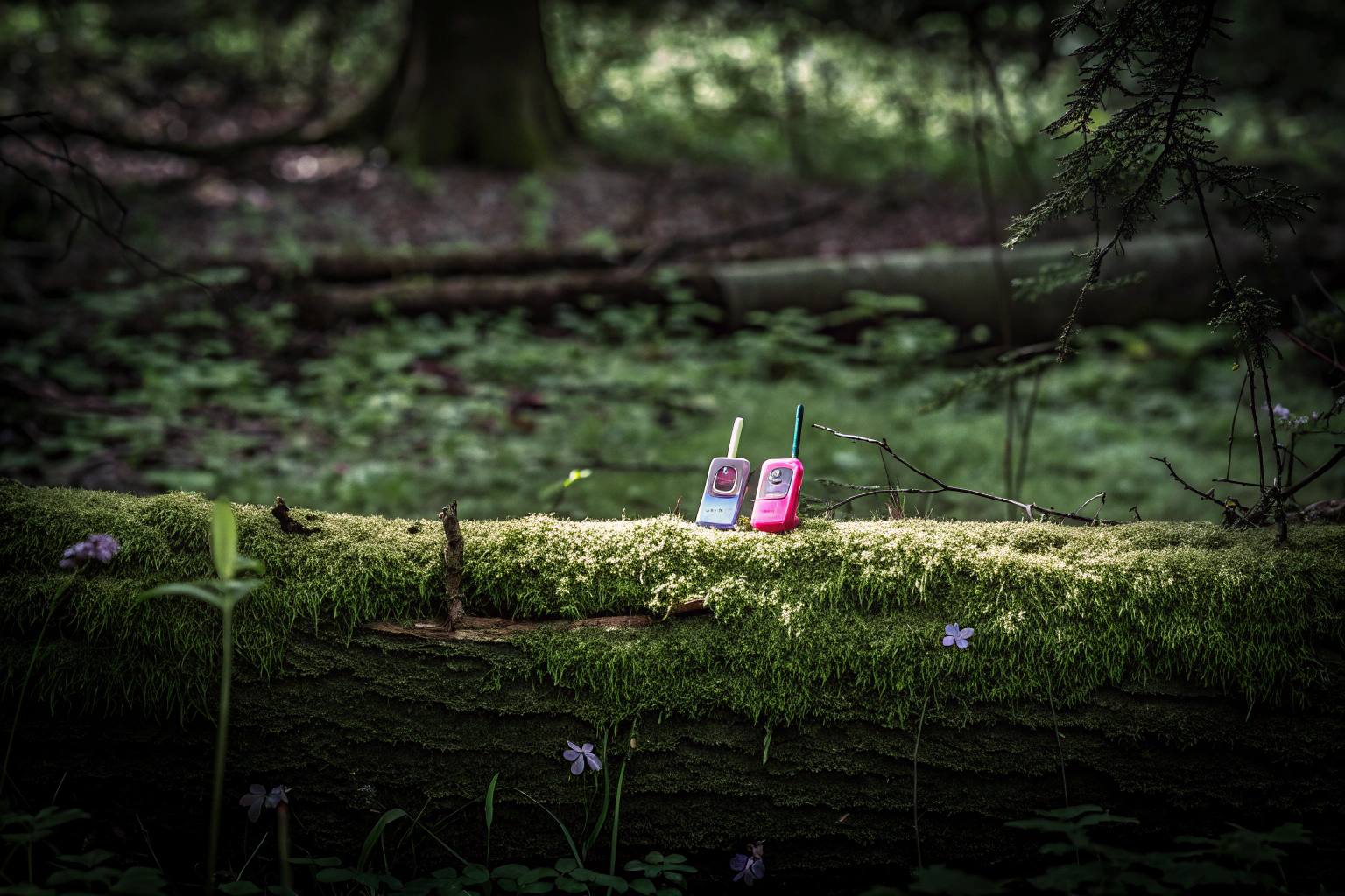 Walkie Talkies für Kinder in der Anwendung bei einem Abenteuer im Freien. Kinder mit Walkie Talkies