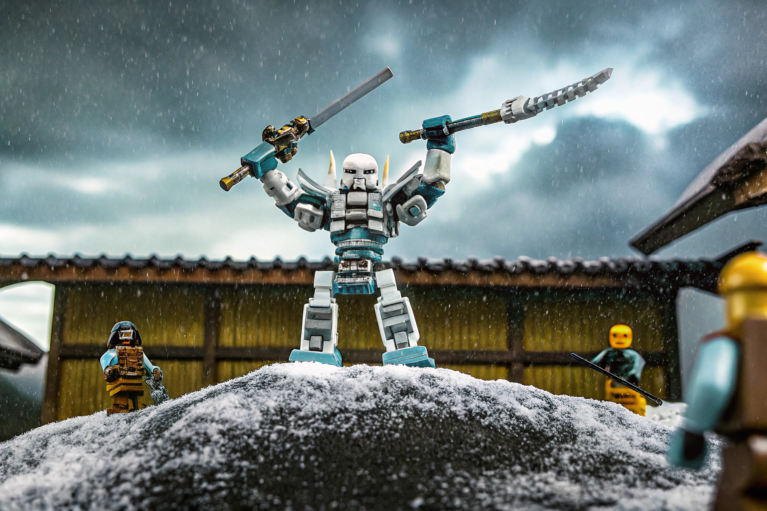 Zanes Action-Mech in einer aufregenden Kampfpose, umgeben von den Minifiguren. LEGO Ninjago Zanes Action-Mech im Spiel