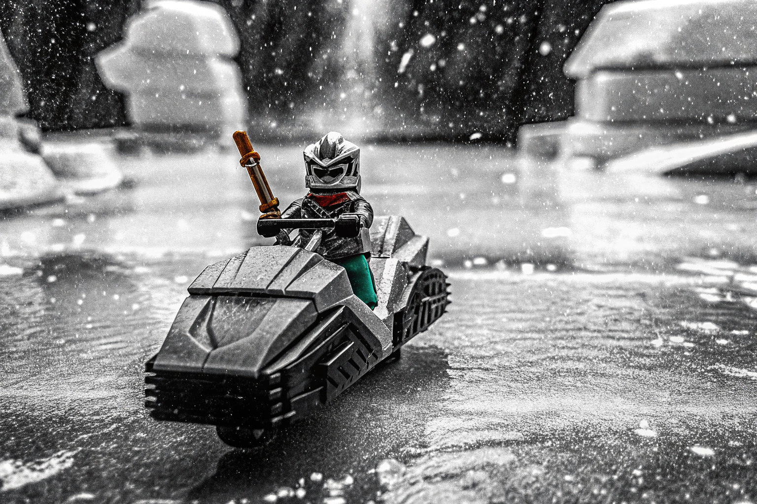 Zanes Eismotorrad in Aktion mit der Minifigur Zane. Zanes Eismotorrad in Aktion
